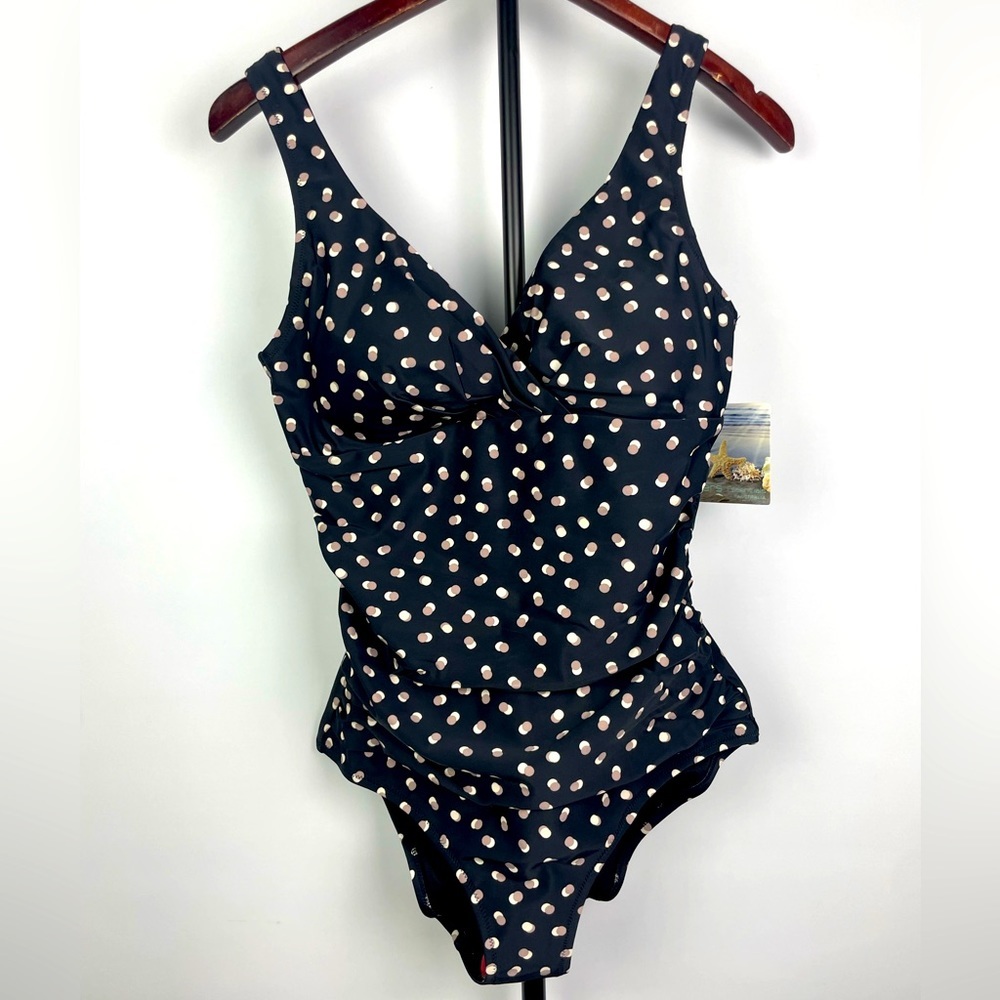 Seekers Australia Black Shaping Tan White Polka Dot One Piece Bathing Suit Sz 10